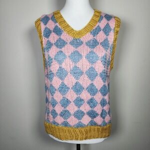 Vintage Sweater Vest Womens S M Pink Blue Cotton Knit Kitsh Grandma Y2K Handmade